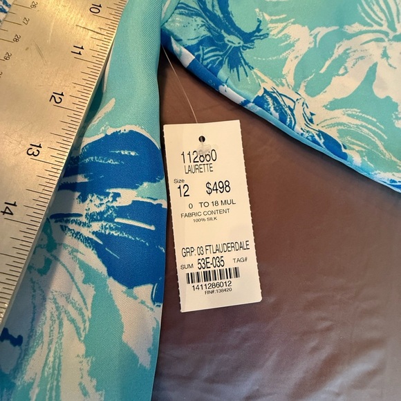 NWT Carlisle Floral Blue/White 100% Silk Blouse w/ scarf belt Size 12/Large $498 - Picture 7 of 12